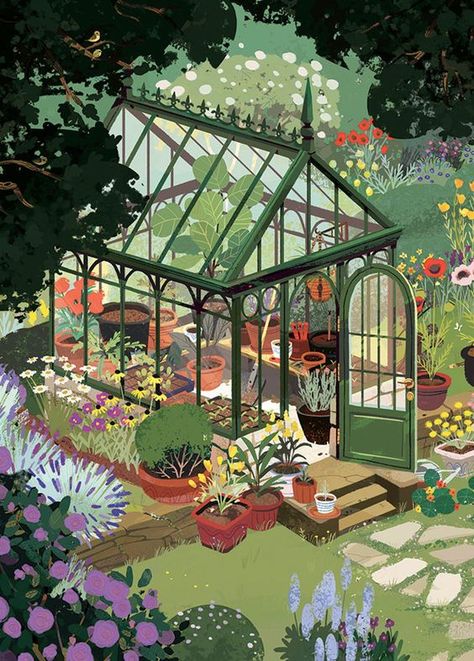 Kim Smith, Garden Illustration, Garden Print, Green House, Environment Concept Art, Shade Garden, Great Artists, Secret Garden, Aesthetic Art