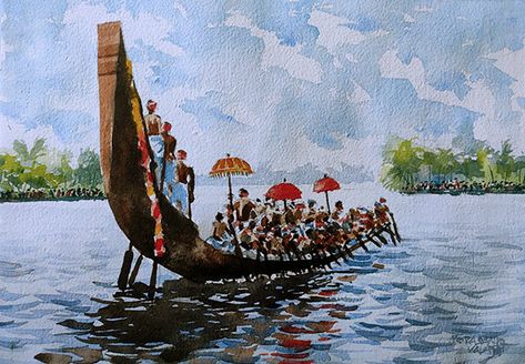 Enchanting view of Alapuzha backwaters. View from the Boat race, Kerala's prestigious cultural programme. Picturising this scenic beauty in water colour painting. Onam Festival Watercolor Painting, Kerala Scenery Painting, Kerala Backwaters Painting, Kerala Landscape Painting, Kerala Watercolor Paintings, Kerala Painting, Madras Cafe, Numbers Drawing, Water Artwork