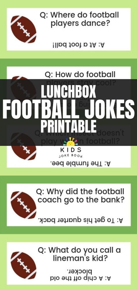 If your kid loves American football, check out our favorite funny football jokes for kids! They might a little corny but you'll be laughing at these riddles whether you love the NFL or College football! The kids love them! #freeprintables #football #printables #jokes #kids Football Jokes For Kids, Super Bowl Jokes, Football Puns, Funny Football Quotes, Football Jokes Funny, Lunch Jokes, Nfl Jokes, Football Printables, Kid Quotes