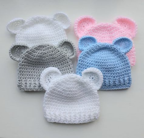 Crochet Preemie Hats, Modern Haken, Crochet Baby Cap, Easy Beginner Crochet Patterns, Ears Hat, Crochet Newborn Hat, Preemie Hats, Bear Beanie, Baby Winter Hats