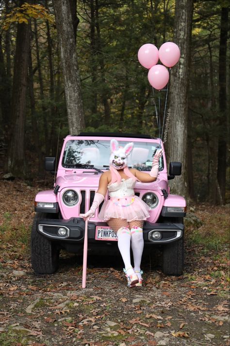 Easy pink Halloween costume using amazon scary bunny mask. #pinkhalloween #pink #pinkaesthetictheme Girly Scary Halloween Costume, Scary Bunny Mask, Pink Halloween Costume Ideas, Scary Bunny, Halloween Party For Adults, Pink Halloween Costume, Animal Head Mask, Pink Bunny Costume, Pink Halloween Costumes