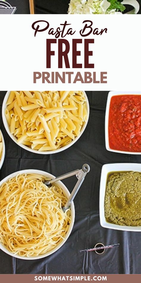 If you are having a gathering, try this Pasta Bar + Free Printables! It’s kid-friendly, adult-friendly, and totally versatile! You can customize it endlessly with variations on pasta shapes, sauces, and toppings, and it’s easy to please even the pickiest of eaters. One of my favorite dinners to serve when we have company over is this fantastic Italian pasta bar. It’s an easy, convenient, and affordable way to serve a delicious meal that everyone will love! Plus, it's so simple! Pasta Buffet Ideas Food Bars, Pasta Bar Checklist, Pasta For A Crowd Parties Entertaining, Pasta Bar Birthday Party, Easy Pasta Bar Ideas, Spaghetti Bar Ideas, Pasta Bar Ideas Birthday, How To Do A Pasta Bar, Build Your Own Pasta Bar Ideas