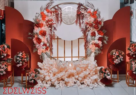 Wallpaper Backdrop Wedding, Tea Pai Decoration, Sangjit Decoration Backdrop Simple, Chinese Engagement Decoration, Sangjit Decoration Backdrop, Teapai Decoration, Sangjit Backdrop, Dekor Sangjit, Chinese Wedding Backdrop