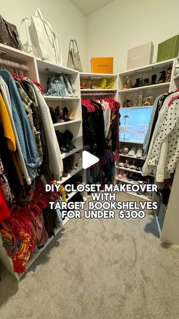 Seating In Closet, Closet Using Bookshelves, Bookshelf In Closet Ideas, Diy Closet With Bookshelves, Target Closet Makeover, Target Diy Closet, Bookshelves Closet Ideas, Closet With Bookshelves, Closet Bookshelf Ideas