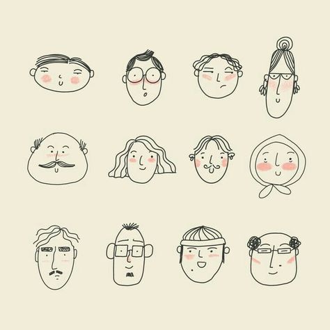 Face Expressions Illustration, Doodle Character Design, Self Portrait Doodle, Cartoon People Drawings Simple, Simple Faces To Draw, How To Draw Simple People, People Drawings Simple, Face Doodles Sketch, Handdrawn Illustration Style