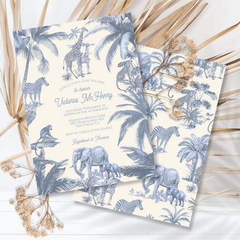 Toile Safari Jungle baby shower Invitation Blue Safari Baby Shower Boy, Baby Animal Baby Shower Theme, Spring Baby Shower Themes For Boys, Baby Shower Invites For Boys, Giraffe Baby Shower Theme, Baby Shower For A Boy, Jungle Baby Shower Invitation, Boy Baby Shower Invitations, Safari Baby Shower Boy