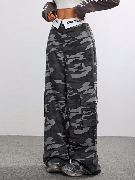 Women's Y2K Sport Back To School Camo Patchwork Parachute Pants Grey Casual   Woven Fabric Letter,Camo,All Over Print Straight Leg Non-Stretch  Women Clothing, size features are:Bust: ,Length: ,Sleeve Length: Camo Parachute Pants Outfit, Parachute Pants Outfit, Punk Woman, Denim Cargo Pants, Fall Break, Stocking Tights, Women Diy, Cosplay Dress, Pantalon Cargo