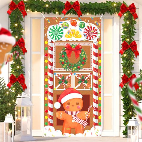 PRICES MAY VARY. Polyester Christmas Decorations for Home : You will receive 1 pieces of Christmas gingerbread house door cover, the Christmas gingerbread man decortions backdrop is designed in brown gingerbread house background gingerbread man and colorful candy Christmas element, nice combination and attractive decorations for satisfying your indoor outdoor Christmas decorations demands, easily stands out to catch everyone's eye. Suitable Size : The gingerbread man Christmas decoration banner Gingerbread Office Door Decorations, Gingerbread Door Decor, Gingerbread House Office Decorations, Gingerbread Door Decorations, Gingerbread Themed Christmas Decor, Christmas Door Cover, Classroom Christmas Decorations, Front Door Decorations, Cane Door