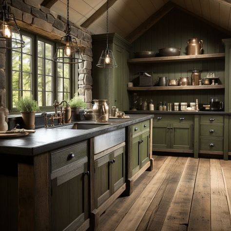 Olive Green Kitchen Cabinets Ideas, Olive Green Door Interiors, Green Kitchen Aesthetic Vintage, Olive Green Kitchen Walls Oak Cabinets, Antique Green Kitchen Cabinets, Olive Green Cabinets Kitchen, Moody Green Kitchen, Green Rustic Kitchen, Retro Kitchen Ideas Vintage