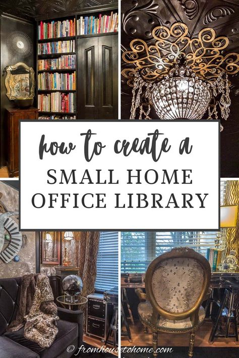 Small Home Office Library, Small Library Room Ideas, Small Library Room, Gold Decor Ideas, Office Library Ideas, Home Office Library Ideas, Small Home Library Ideas, Diy Home Library, Cozy Reading Room