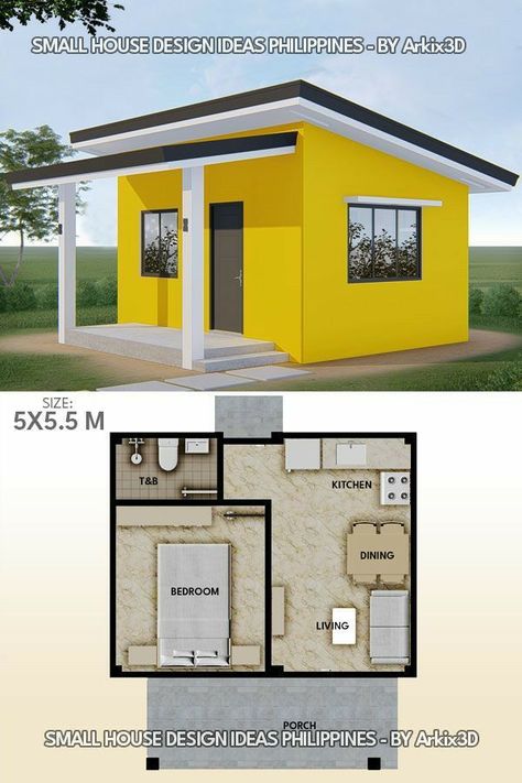 One Bedroom House Plans Simple, Mini House Plans, 2 Bedroom House Design, One Bedroom House Plans, One Bedroom House, Pelan Rumah, Small House Layout, Small House Floor Plans, Shed Plan