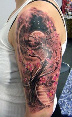 Cherry blossom tree half sleeve tattoo. Arm idea for men or women, flowers moon Cherry Blossom Tree Tattoo, Blossom Tree Tattoo, Tattoo Henna, Tree Tattoo Designs, Floral Tattoo Design, Blossom Tattoo, Cherry Blossom Tattoo, Full Sleeve Tattoos, Girly Tattoos