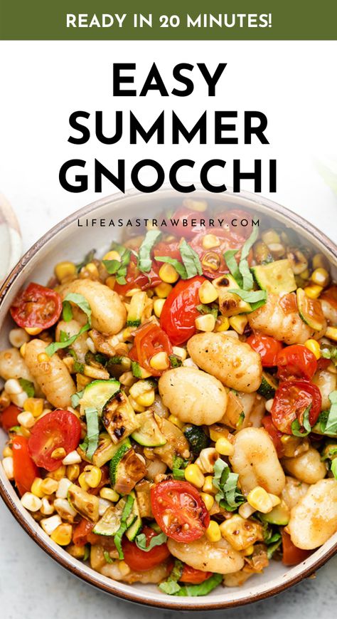 Summer Gnocchi - This quick, simple pasta is packed with veggies. Ready in 30 minutes! Full of color and packed with flavor: it’ll be one of your favorite gnocchi recipes in no time! We’re using cherry tomatoes, zucchini, and sweet corn; we also have substitution suggestions to help you use any veggies you have on hand. With a quick and easy white wine lemon sauce. Use store bought or homemade gnocchi, or grab your favorite pasta. Includes step by step photos. Vegetarian. Gnocchi Salad Recipes, Summer Gnocchi Recipes, Mini Gnocchi Recipes, Quick Simple Pasta, Gnocchi With Vegetables, Summer Gnocchi, White Wine Lemon Sauce, Using Cherry Tomatoes, Easy Gnocchi