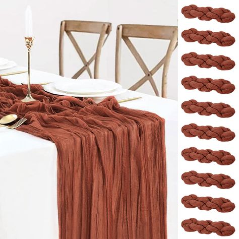 PRICES MAY VARY. Cheesecloth Gauze Fabric 🍁【Rustic Tablecloth Runner Bulk】You will get 10 pieces 10ft rust terracotta cheese cloths table runners, enough quantity is suitable for wedding banquets and various parties. Unique terracotta runner gives your home or party a classy, it screams fall harvest. The burnt orange and texture is fantastic and will work with any decor. Terracotta table runner cheesecloth allow you to combine your wedding colors in interesting, artistic and unexpected ways. Pi Fall Bridal Shower Table Decor, Fall Bridal Shower Backdrop, Fall Party Decorations Outdoor, Terracotta Cheesecloth Table Runner, Terracotta Table Runner, Boho Wedding Table Runner, Thanksgiving Christmas Table, Cheese Cloth Table Runner, Cheese Cloth Table