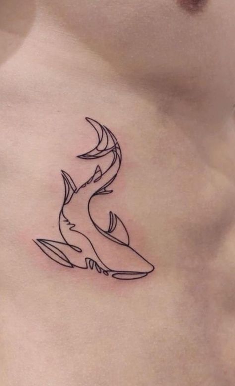 Hammerhead Shark Line Art, Tattoo Ideas Female Shark, Oceanic White Tip Shark Tattoo, Rib Shark Tattoo, Simple Volcano Tattoo, Remora Fish Tattoo, Line Art Shark Tattoo, Shark Tattoo On Thigh, Grouper Tattoo