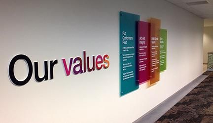 Company Vision And Mission Wall Design, Office Mission Statement Wall, Mission Vision Values Design Wall, Corporate History Wall, Values Wall Office, Company Values Wall Design, Our Values Design, Core Values Office Wall Design, Core Values Wall Design