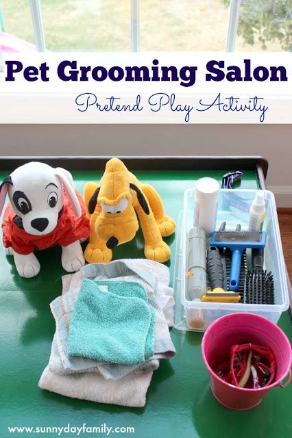 Set up your very own play Pet Salon using items found around the house! Kids love playing groomer to their favorite stuffed pets with this fun activity. Pet Day Activities For Kids, Preschool Pets, Pet Study, Pet Activities, Toddler Projects, Pet Grooming Salon, Pets Preschool Theme, Pet Parade, Dramatic Play Preschool