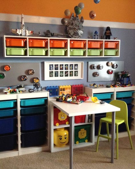 Kids Rooms Using IKEA Trofast Storage | Apartment Therapy 3 Kids In One Room Ikea, Playmobil Storage Ideas Ikea, Trofast Upgrade, Ikea Trofast Kids Room, Boys Ikea Bedroom Ideas, Trofast Combination, Playmobil Storage Ideas, Trofast Lego Table, Ikea Trofast Desk