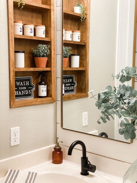 Bathroom Built In Shelf, Batten Board Walls, Board Accent Wall, Built In Wall Shelves, Medicine Cabinet Makeover, Batten Board, Vanity With Drawers, Single Mirror, Built In Cabinet