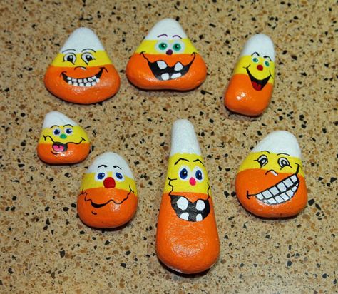 They needed personality, so I gave them some!!! Corn Painting, Painted River Rocks, Rock Painting Tutorial, Halloween Rocks, Rock Painting Ideas, Painted Rocks Craft, Painted Rocks Diy, Rock Painting Ideas Easy, Rock Painting Patterns