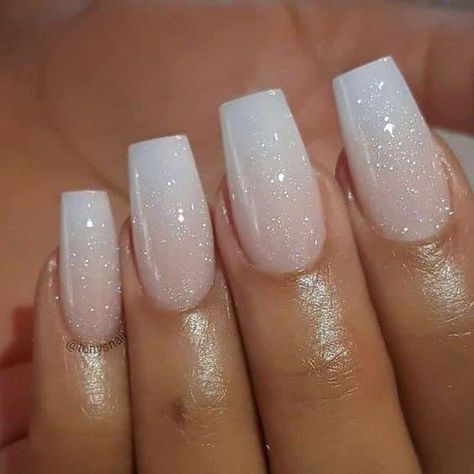 Ombre White Glitter Nails, White Silver Ombre Nails, White Nails Ideas With Glitter, White Sparkly Wedding Nails, White Sparkly Square Nails, Square Bride Nails, Winter White Glitter Nails, White Ombre Sparkle Nails, White Sparkle Ombre Nails