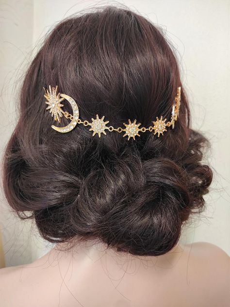 Rhinestone Star and Moon Hair Chain Bridal Hair vine Wedding | Etsy Celestial Bridal Hair Pins, Sun Moon Hair Accessories, Hair Accessories Moon, Moon Hair Accessories Gold, Celestial Hair Clips, Sun Theme Wedding, Sun And Moon Wedding Theme, Moon Wedding Dress, Sun And Moon Wedding