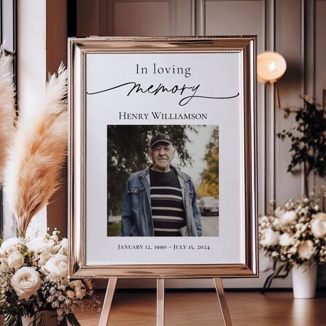 Welcome Sign for a Memorial Service. Honor the memory of your loved one with this minimalist "In loving memory" funeral welcome sign.  this elegant sign features a cherished photograph, serving as a beautiful and subtle way to welcome friends, family members, and guests. Customize with your photo and name. Love Henry, Welcome Friends, Welcome Poster, Loving Memory, Memorial Service, In Loving Memory, Celebration Of Life, Your Photo, Welcome Sign