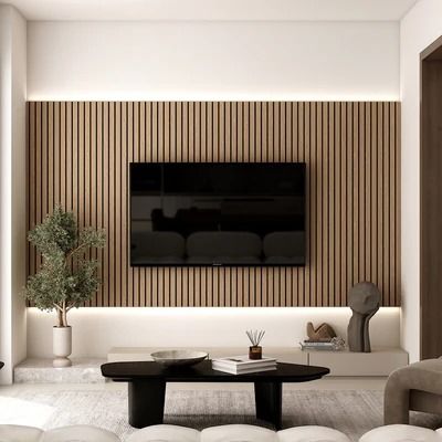 Wall Panels – Ozarké Tv Wooden Wall Design, Slat Wall Panelling Living Room, Panelled Walls Living Room Modern, Wooden Panels Living Room, Wooden Slat Tv Wall, Slatted Tv Wall, Acoustic Panel Bedroom, Wood Slat Media Wall, Acustic Board Acoustic Panels