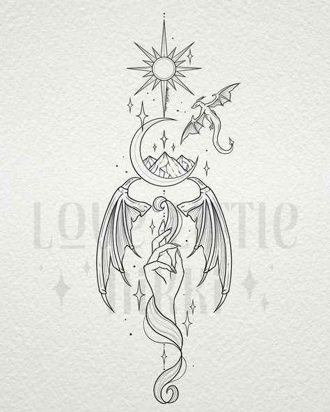 Lovely piece for Klara, who gave me a sketch and wanted me to work my magic on it ✨🌙 thank you for your trust in me to bring your ACOTAR design to life! My favourite part has to be the hand wrapped in shadow swirls 🖤✨ #acotar #tattoodesign #throneofglass Magic Sketches Ideas, Acotar Pencil Drawings, Small Tattoo Ideas For Women Hands, Magical Back Tattoo, Fourth Wing And Acotar Tattoo, Acotar Sketches Easy, Rhysand And Feyre Tattoo, Lotr Hand Tattoo, Illiryans Tattoo Acotar