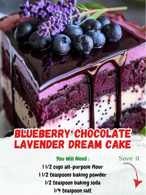 Grandma's guid recipes 🎂 | 💜🍫 Blueberry Chocolate Lavender Dream Cake | Facebook Blueberry Chocolate Lavender Dream Cake, Lavender Cake Recipe, Lavender Cheesecake, Lavender Cake, Blueberry Chocolate, Delish Desserts, Baking Goods, Fun Baking, Chocolate Dreams