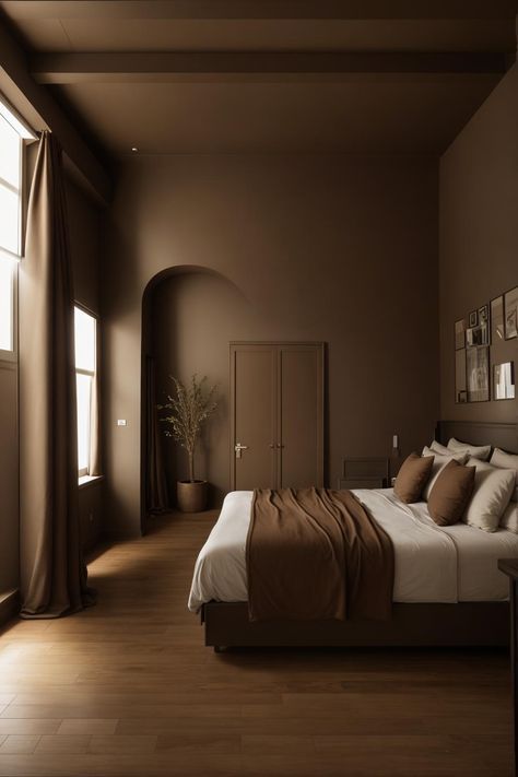 House Design Earth Tones, Caramel Brown Bedroom, Bedroom Brown Curtains, Brown Rooms Ideas, Brown Walls Aesthetic, Sand Colored Bedroom, Brown Wall Painting Ideas, Brown Wall Aesthetic, Light Brown Furniture Bedroom