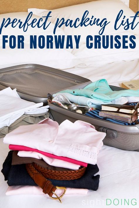 Heading on a cruise through the Norwegian fjords?  The weather can be unpredictable which makes packing tough!  Find out exactly what you need in Norway based on this real life packing list (tried and true).  It's perfect for summer cruises and in almost all cases will even work for carry-on only, with easy modifications for other seasons.  You'll have the perfect outfits for excursions in destinations like Oslo and Bergen. #PackingTips #Norway #cruising Fjords Cruise Outfits, Norway Summer Packing List, What To Pack For Norway Summer, Norwegian Fjords Cruise Packing List, What To Wear In Norway In Summer, Packing For Norway In September, Norway Packing List Fall, Norwegian Fjords Cruise, Norway Travel Outfits