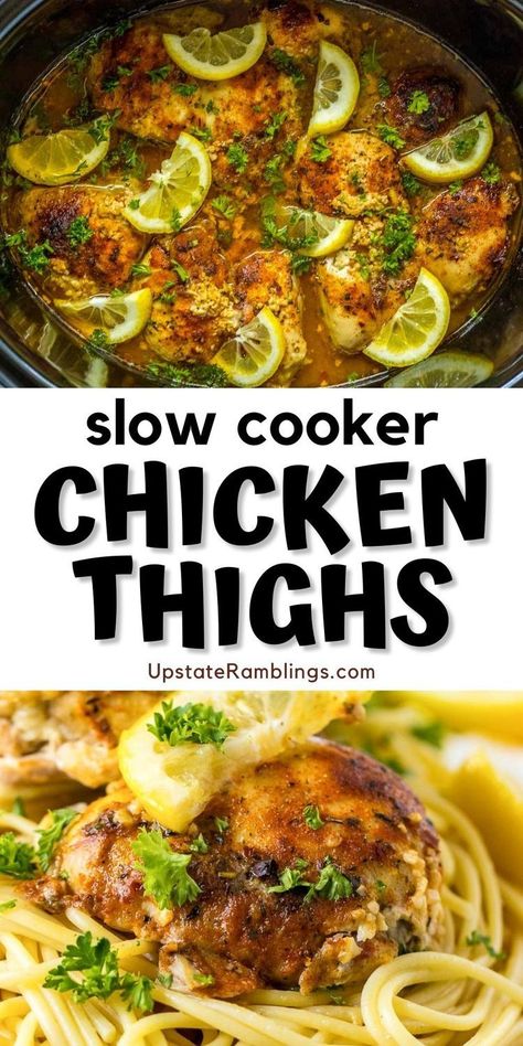 Slow Cooker Chicken Thighs  for easy dinner Pinterest pin. Semaglutide Recipes, Cardio Recipes, Boneless Chicken Thighs Crockpot, Chicken Thighs Slow Cooker Recipes, Upstate Ramblings, Crockpot Chicken Thighs, Slow Cooker Chicken Thighs, Stair Rails, Chicken Menu