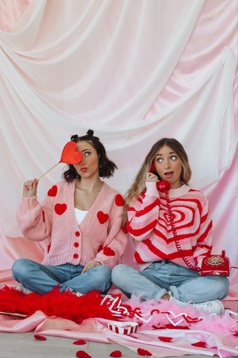 Two girls pose in valentines outfits Valentine Photo Shoot Outfit, Valentine Friend Photoshoot, Cute Valentine’s Day Photoshoot, Cute Outfits Valentines Day, Valentines Outfits 2024, Sisters Valentines Photoshoot, Girly Valentines Outfits, Valentines Themed Photoshoot, Valentine Day Outfits Aesthetic