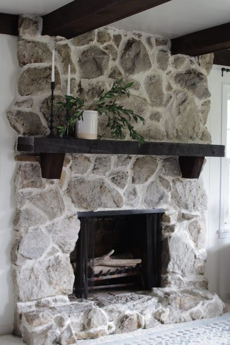 English Cottage Fireplace Country Style, Stonewashed Fireplace, Plastering Over Stone Fireplace, Large Picture Above Fireplace, Mantle For Stone Fireplace, Mortar Wash Stone Fireplace, Updating A Stone Fireplace, German Shmere Rock Fireplace, Splitface Fireplace