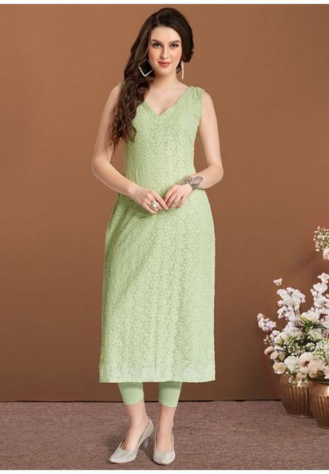 Pista Green Kurti, Green Chikankari Kurta, Sleeveless Kurti Designs, Georgette Kurtis, Sleeveless Kurti, Long Choli Lehenga, Simple Kurta, Chikankari Work, Straight Suit