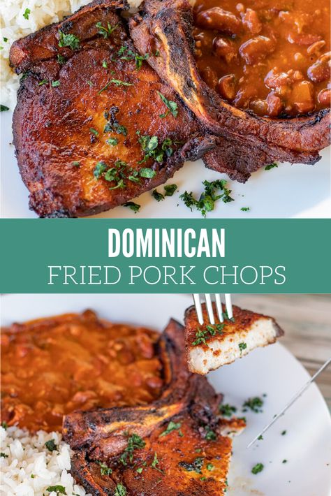 Dominican Food Plates, Dominican Fried Pork Chops, Catalina Pork Chops, Pork Chop Recipes Spanish Style, Dominican Pork Chop Recipes, Caribbean Pork Chops, Puerto Rican Fried Pork Chops, Spanish Style Pork Chops, Dominican Pork Chops