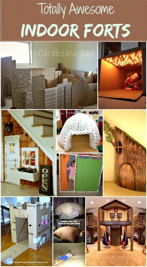 totally awesome indoor forts - with the cool weather coming - needing some creative ideas! Indoor Microgreens, Indoor Forts, Fort Ideas, Easy Indoor Activities, Kid Playroom, Cardboard City, Playhouse Plans, Play Structures, Play Kitchens