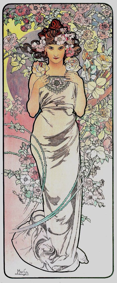 Les Fleurs: The Rose, from a set of four: The Rose, The Iris, The Carnation, and The Lily. by Alphonse Mucha, 1898. Colour lithograph; 101.6 x 41.3 cm (39 3/4 x 16 1/4") | Private collection Alfons Maria Mucha, Mucha Art, Rose Fairy, Alfons Mucha, Flowers Rose, Alphonse Mucha, Photo Vintage, Graphic Design Print, Graphic Artist