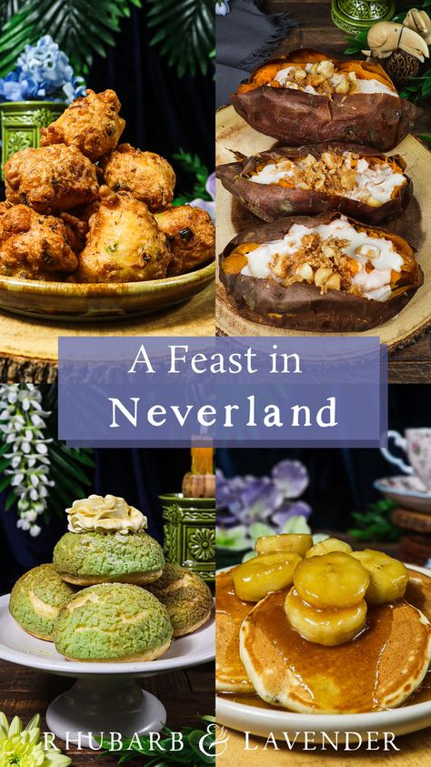 Prepare a Disney-themed feast inspired by Peter Pan and the characters of Neverland! These enchanting Neverland recipes are fit for grown-ups or a whimsical dinner party with tropical cocktails and recipes inspired by Tinkerbell, Captain Hook, the Lost Boys and the Mermaid Lagoon. Hook Themed Dinner, Famous Cakes From Movies, Neverland Food Ideas, Hobbit Dinner Recipes, Fantasy Dinner Recipes, Hook Movie Food, Peter Pan Desserts, Movie Themed Recipes, Peter Pan Dinner And A Movie