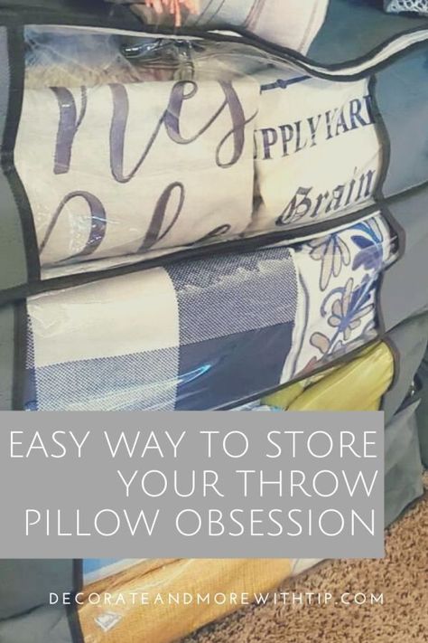 Storage For Throw Pillows, Store Pillows How To, How To Store Seasonal Pillows, Decorative Pillow Storage Ideas, Storing Throw Pillows, Storing Pillows And Blankets Ideas, Decorative Pillow Storage, How To Store Extra Pillows, How To Store Decorative Pillows