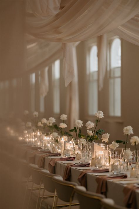 Kate Love Wedding, Low Wedding Table Centerpieces, Round Table With Candles, Small Indoor Wedding, Wedding 2024 Trends, Wedding Round Table Decorations, White Rehearsal Dinner, Bud Vases Wedding, Long Table Wedding