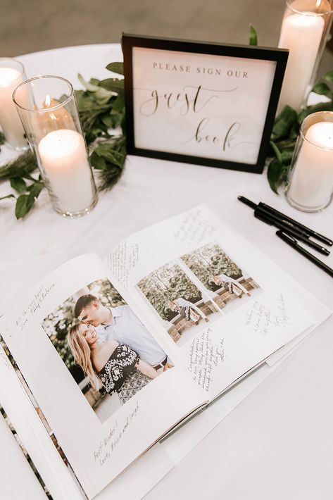 Picture Book Guest Book Wedding, Guest Book With Pictures, Wedding Guest Book Engagement Photos, Engagement Photo Book Guest Book, Guest Book With Engagement Pictures, Guest Book Engagement Photos, Guest Book Table Florals, Guest Book Tables Ideas For Wedding, Wedding Guest Book Ideas Coffee Table Book