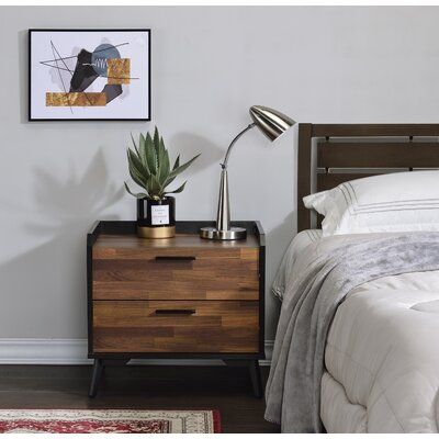 Lending a glint of glamour to your space with this accent table. This piece features a walnut wood top and metal legs. While two pullout drawers offer plenty of storage for small accessories, the smooth tabletop provides a perfect platform for displaying items. With its striking clean-lined rectangular silhouette, this table will brighten any dark corner. | George Oliver Sareen 2 - Drawer Nightstand in Walnut / Black Wood / Metal in Black / Brown, Size 18.0 H x 20.0 W x 16.0 D in | Wayfair Soft Industrial, Black Accent Table, Black Nightstand, Odds And Ends, Acme Furniture, Modern Nightstand, Wood Nightstand, End Tables With Storage, Metal Drawers