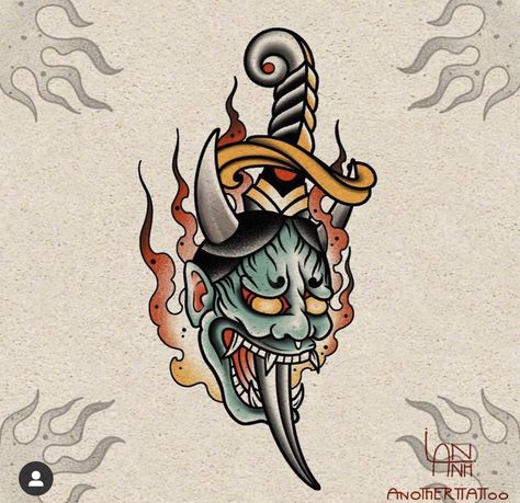 Old School Style Tattoo, Desenhos Old School, School Japanese, Oni Tattoo, Old School Tattoos, Americana Tattoo, Hanya Tattoo, Traditional Tattoo Flash Art, Traditional Tattoo Inspiration