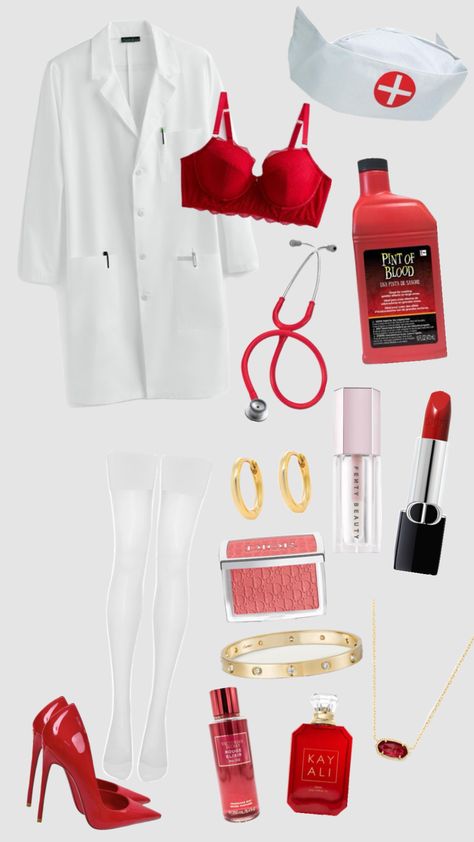 #nurse #nursecostume #outfit #fitinspo #halloween #halloweencollage #halloweencostume #nurseoutfit #medic #mediccostume #red #gold #goldjewelry #halloweeninspo #dior #kendrascott Doctor Halloween Costumes, Hallow Costumes, Vampire Nurse, Nurse Halloween Costumes, Nurse Costume Halloween, Halloween Doctor, Doctor Halloween Costume, Doctor Halloween, Nurse Halloween Costume