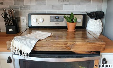 DIY Wooden Stove Top Cover--Easy DIY Noodle Board Tutorial Diy Noodle Board, Spice Rack Plans, Wooden Stove Top Cover, Gas Stove Top Covers, Diy Noodles, Wooden Stove Top Covers, Wooden Stove, Noodle Boards, Kitchen Hack