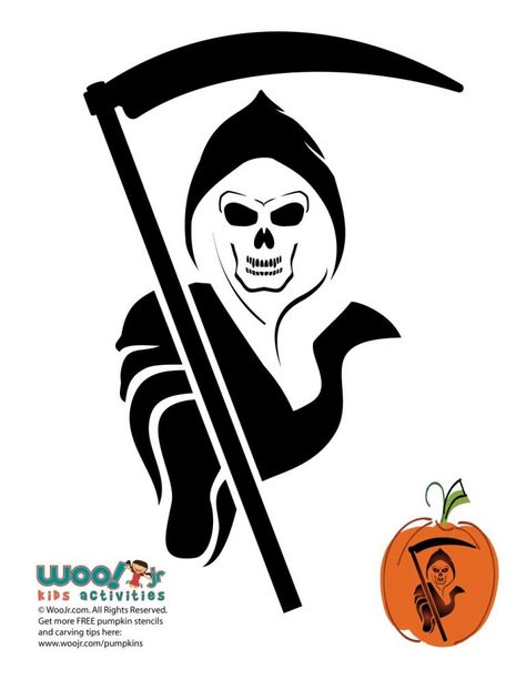 Skulls and Skeleton Pumpkin Templates to Carve | Woo! Jr. Kids Activities : Children's Publishing Pumpkin Carving Grim Reaper, Grim Reaper Pumpkin Carving, Reaper Pumpkin Carving, Pumpkin Templates, Dr Seuss Coloring Pages, Lantern Template, Carve Pumpkins, Carving Templates, Halloween Stencils