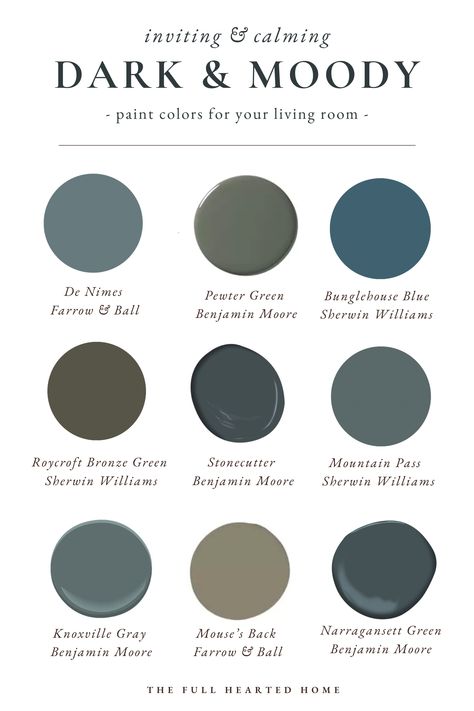 Moody Paint Colors for Your Living Room - Full Hearted Home Dark Accent Wall Bedroom Colors, Modern Goth Office, Moody Blue Office Paint Colors, Moody Entry Way, Moody Front Room, Moody Hallway Paint Colors, Moody Paint Colors For Bedrooms, Earthy Blue Living Room, Moody Earthy Home