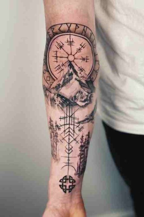 Detailed Viking Tattoo Guide With History, Meanings & Viking Tattoo Symbols - Tattoo Stylist Viking Numbers Tattoo, German Mythology Tattoo, Christian Viking Tattoo, Hunter Tatoos, Danish Viking Tattoo, Viking Shoulder Tattoo Men, Thors Hammer Tattoo Vikings, Viking Tattoo Sleeve Norse Mythology, Viking Arm Tattoo For Men